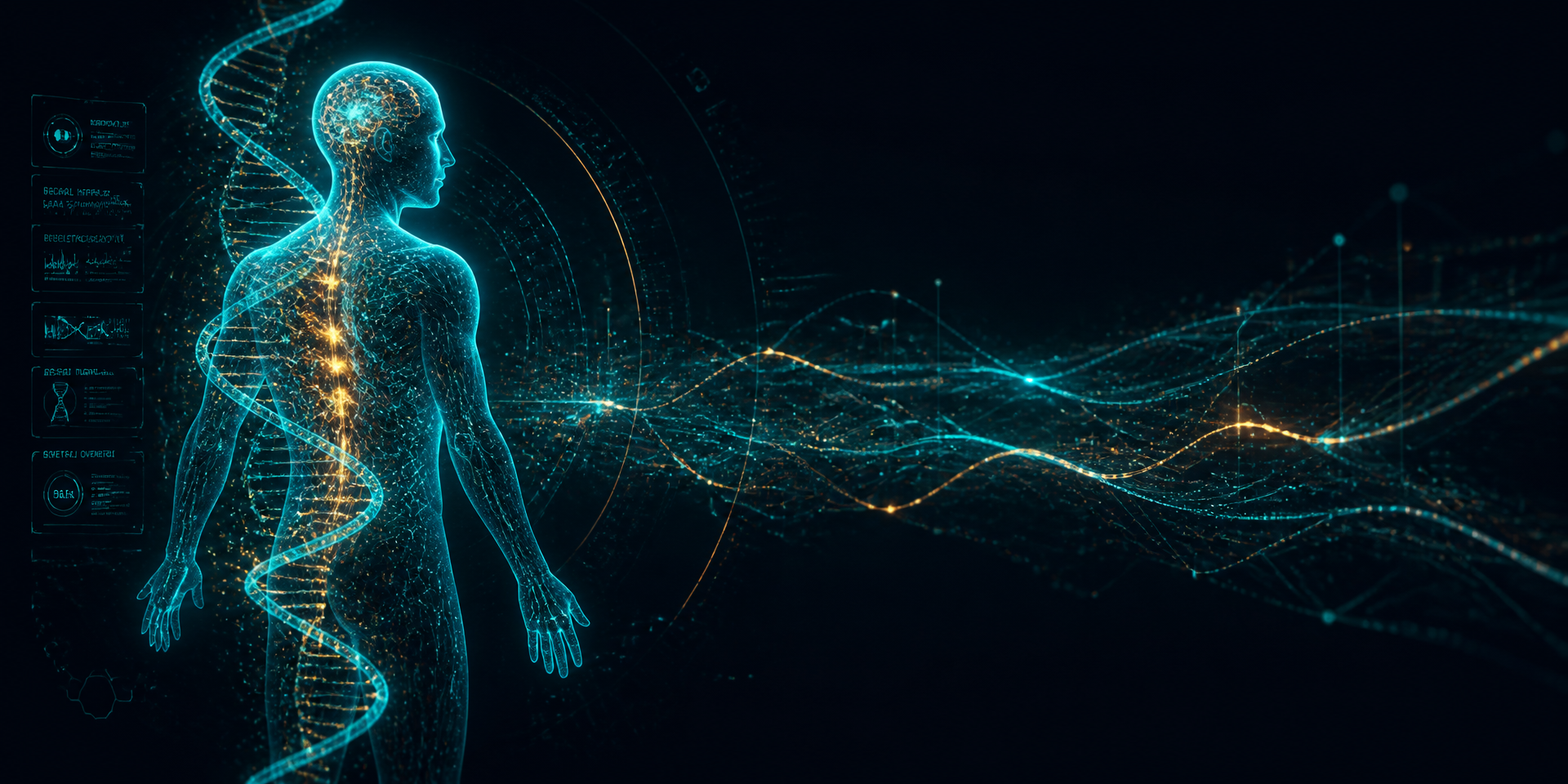 İnsan vücudunun dijital ikizi: organlar, sinir ağı ve DNA sarmalının ışıklı holografik gösterimi